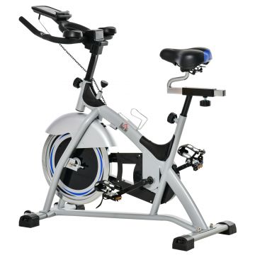 HOMCOM Bicicleta de interior cu monitor LCD si motor5 15 kg, sa si ghidon reglabile, 124x50x105-111cm, argintiu negru