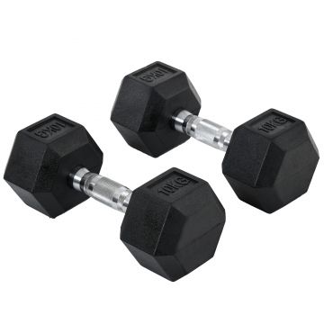 HOMCOM Set 2 gantere hexagonale de 10kg din metal si cauciuc pentru antrenamente acasa si la birou, negru