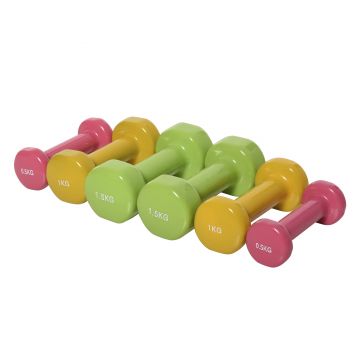 HOMCOM Set Gantere pentru brate cu Geanta, 6 Gantere de 0.5kg 1kg 1.5kg Otel si Invelis PU, Rosu Galben si Verde