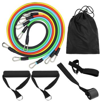 Set 11 bucati extensor fitness cu corzi elastice, manere, ancora usa si curele pentru glezna