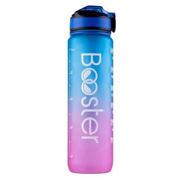 Sticla de apa Booster din Tritan, BPA Free, gradata pentru activitati sportive, capacitate 32oz / 1000ml, fitness, sport, drumetii, antrenamente, ciclism, deschidere one click, materiale anticorozive, curea pentru incheietura mainii (Albastru/Mov)