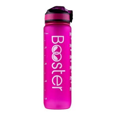 Sticla de apa Booster din Tritan, BPA Free, gradata pentru activitati sportive, capacitate 32oz / 1000ml, fitness, sport, drumetii, antrenamente, ciclism, deschidere one click, materiale anticorozive, curea pentru incheietura mainii (Magenta)