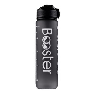 Sticla de apa Booster din Tritan, BPA Free, gradata pentru activitati sportive, capacitate 32oz / 1000ml, fitness, sport, drumetii, antrenamente, ciclism, deschidere one click, materiale anticorozive, curea pentru incheietura mainii (Negru)