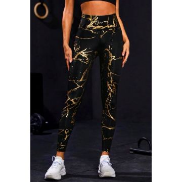 Colanti fitness Metallic Gold, cu banda lata modelatoare si imprimeu auriu