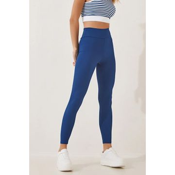 Colanti fitness Slim Vibes, aspect tetra si banda lata in talie cu efect modelator, Albastru inchis