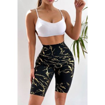 Colanti scurti fitness Ethan, cu banda modelatoare in talie si imprimeu variat, Gold Abstract