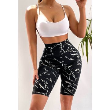 Colanti scurti fitness Ethan, cu banda modelatoare in talie si imprimeu variat, Silver Abstract