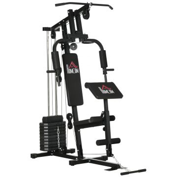HOMCOM Sală de Gimnastică Multifuncțională cu Greutăți, Aparat Fitness Acasă cu Stivă de Greutăți de 45 kg, Echipament Sportiv Compact | Aosom Romania