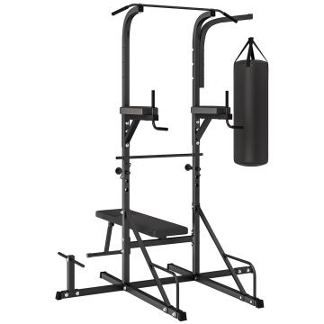 HOMCOM Stație Multifuncțională de Antrenament, Oțel, cu Bară de Tracțiuni, Scaun Roman, Sac de Box, 180x183x219cm | Aosom Romania