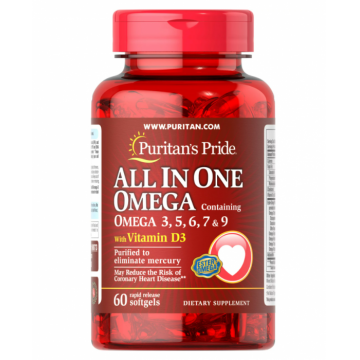 Puritan s Pride All in One Omega 3, 5, 6, 7 9 with Vitamin D3, 60 softgels