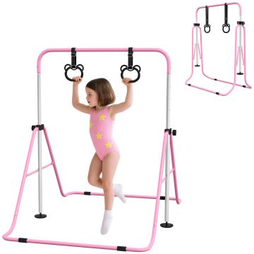HOMCOM Paralele, Bară de Antrenament cu Înălțime Reglabilă cu 2 Inele și Covoare Antiderapante, 148x105x88-128 cm, Roz | Aosom Romania HOMCOM Paralele, Bară de Antrenament cu Înălțime Reglabilă cu 2 Inele și Covoare Antiderapante, 148x105x88-128 cm, Roz | Aosom Romania