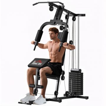 HOMCOM Stație de Fitness pentru Antrenament Acasă cu Scaun și Spătar, Sală de Sport Multifuncțională, 135x103x210 cm, Negru