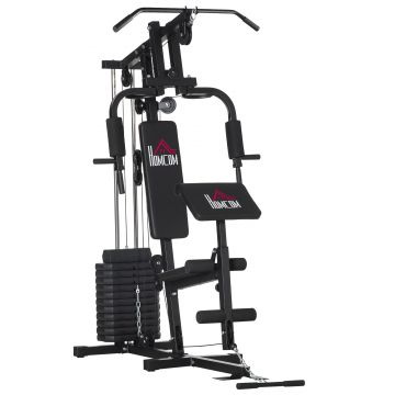 HOMCOM Stație de Fitness pentru Antrenament Acasă cu Scaun și Spătar, Sală de Sport Multifuncțională, 135x103x210 cm, Negru