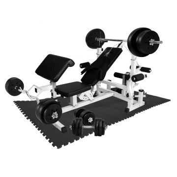 Banca multifunctionala alba cu set greutati 100kg + set covoras Gorilla Sports