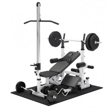 BANCA MULTIFUNTIONALA + SET DE GREUTATI 100KG 30/31MM, SALTEA PROTECTIE SI SCRIPETE, Alb/Negru Gorilla Sports