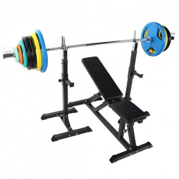 Banca reglabila + set bara olimpica si greutati de cauciuc, 150 Kg Gorilla Sports