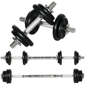 Gantere HOMCOM, ganteră lungă, 2 în 1, 20 kg, 8 discuri de gantere, rezistent la rugină, oțel, negru, 95 x 16 x 16 cm | Aosom Romania