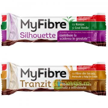 Pachet Baton Silhouette cu Konjac si Ceai Verde MyFibre 40g + Baton Tranzit cu Fibre din Secara, Portocale si Fulgi de Cocos MyFibre 40g