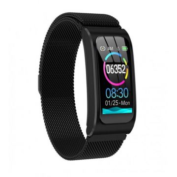 Bratara Smart Eleganta Techstar® AK12 NEGRU METALIC, Waterproof, Unisex, Monitorizare Somn, Cardiaca, IP65