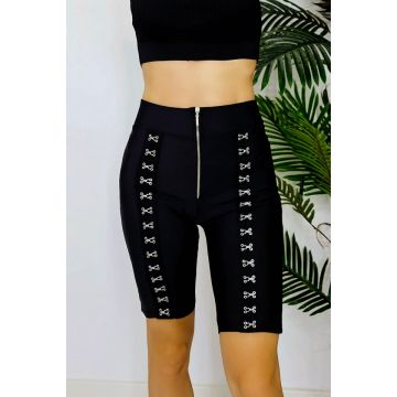 Colanti scurti Why Not, cu capse metalice si fermoar in fata, Negru