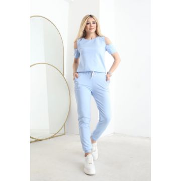 Compleu cu perle Jupiter, pantaloni si bluza cu maneca scurta, Albastru