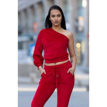 Compleu de catifea Mirabey pantaloni si bluza cu umar gol, Rosu
