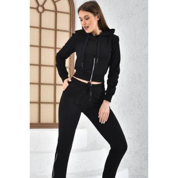 Compleu sport dama, Shary, pantaloni cu fermoar in partea inferioara si bluza cu gluga, Negru
