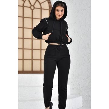 Compleu sport dama, Zheya, pantaloni si bluza cu gluga si fermoar decorativ, Negru