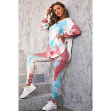 Compleu sport Fussion, cu imprimeu pastel, colanti si bluza lunga cu gluga, Albastru deschis