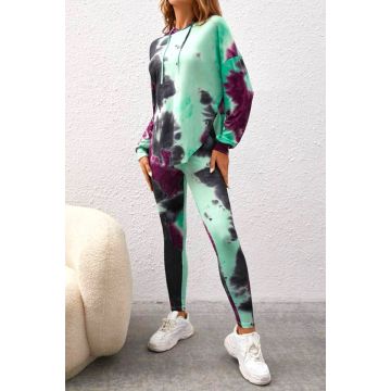 Compleu sport Fussion, cu imprimeu pastel, colanti si bluza lunga cu gluga, Verde