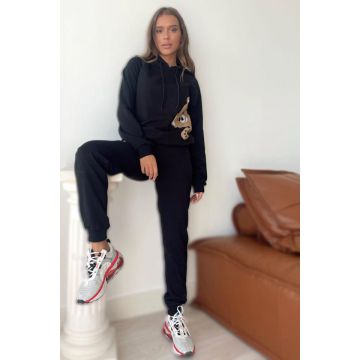 Trening dama Cute Bear, pantaloni si hanorac cu gluga, Negru