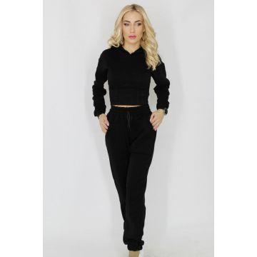 Trening vatuit Beatrice, pantaloni cu buzunare oversize si hanorac cu gluga si aspect elastic de corset, Negru