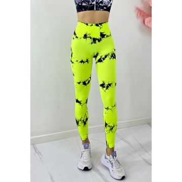 Colanti fitness cu nervuri, Kabyn, push up si banda talie, Galben Neon-Negru