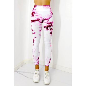 Colanti fitness Kabyn, cu imprimeu, push up si banda modelatoare, Fucsia/Alb