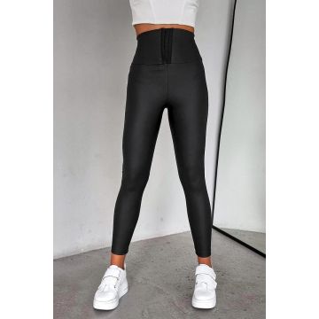 Colanti modelatori Stay Fit vatuiti, din piele ecologica, cu corset in talie si capse, Negru