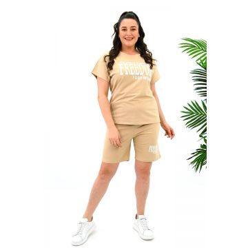 Compleu batal Melis, cu tricou imprimat si pantaloni scurti, Crem