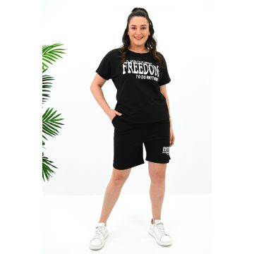 Compleu batal Melis, cu tricou imprimat si pantaloni scurti, Negru