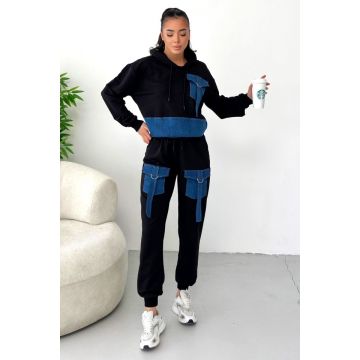 Compleu bumbac si denim ALFENA, cu pantaloni si hanorac cu gluga, Negru