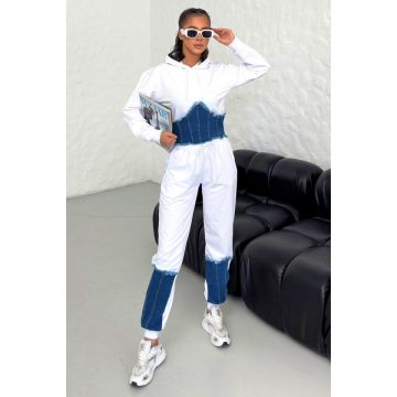 Compleu bumbac si denim Sandra, pantaloni si hanorac cu fermoar lateral, Alb