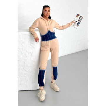 Compleu bumbac si denim Sandra, pantaloni si hanorac cu fermoar lateral, Bej