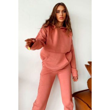 Compleu bumbac vatuit Alexis, bluza cu gluga si pantaloni cu buzunare, Roze