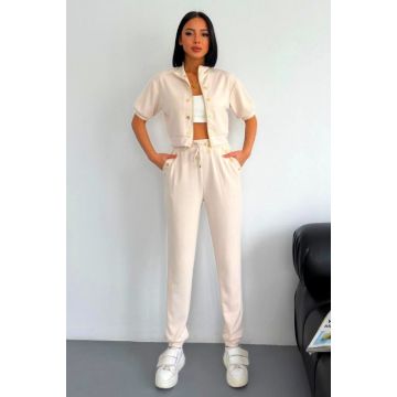 Compleu casual NonCom, bluza lejera cu maneca scurta si pantaloni cu snur, Crem