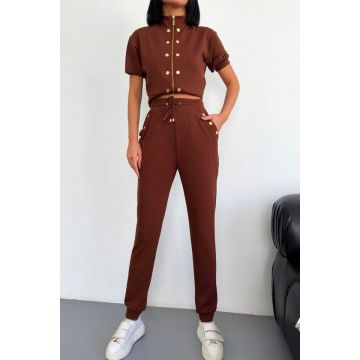 Compleu casual NonCom, bluza lejera cu maneca scurta si pantaloni cu snur, Maro