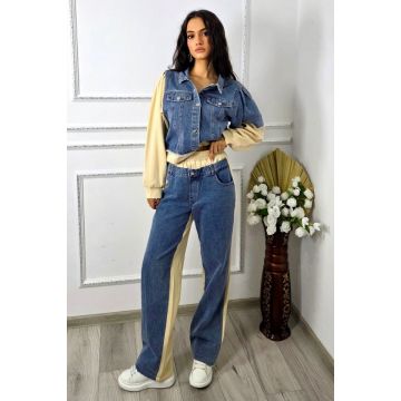 Compleu cu panou de blugi, Samya, pantaloni si jacheta hibrid, Crem, Marime S/M