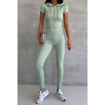 Compleu fitness Timote, bluza cu maneca scurta si colanti cu snururi metalice, Verde deschis