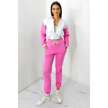 Trening bumbac vatuit College, bluza scurta cu fermoar si pantaloni, Roz