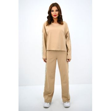 Trening cu bumbac GlamMotion, pantaloni lejeri, paiete si bluza oversize, Crem