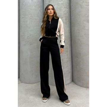 Trening dama JANA, jacheta cu fermoar si pantaloni lejeri evazati, Negru cu panou Crem