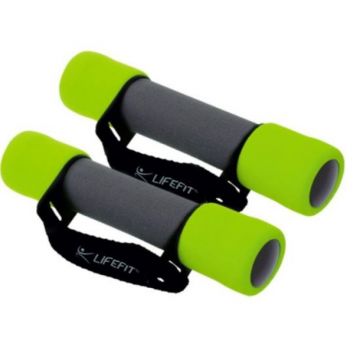 Set gantere Lifefit Plus, 2 x 1.5 kg, invelis neopren, sistem Velcro, Verde/Gri