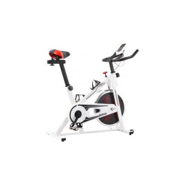 Bicicleta fitness, centrifuga, cu senzori puls, alb si rosu